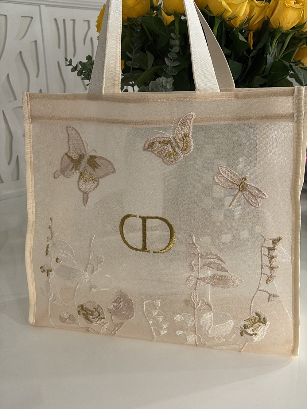 Embroidered Sheer Tote Bag in Cream